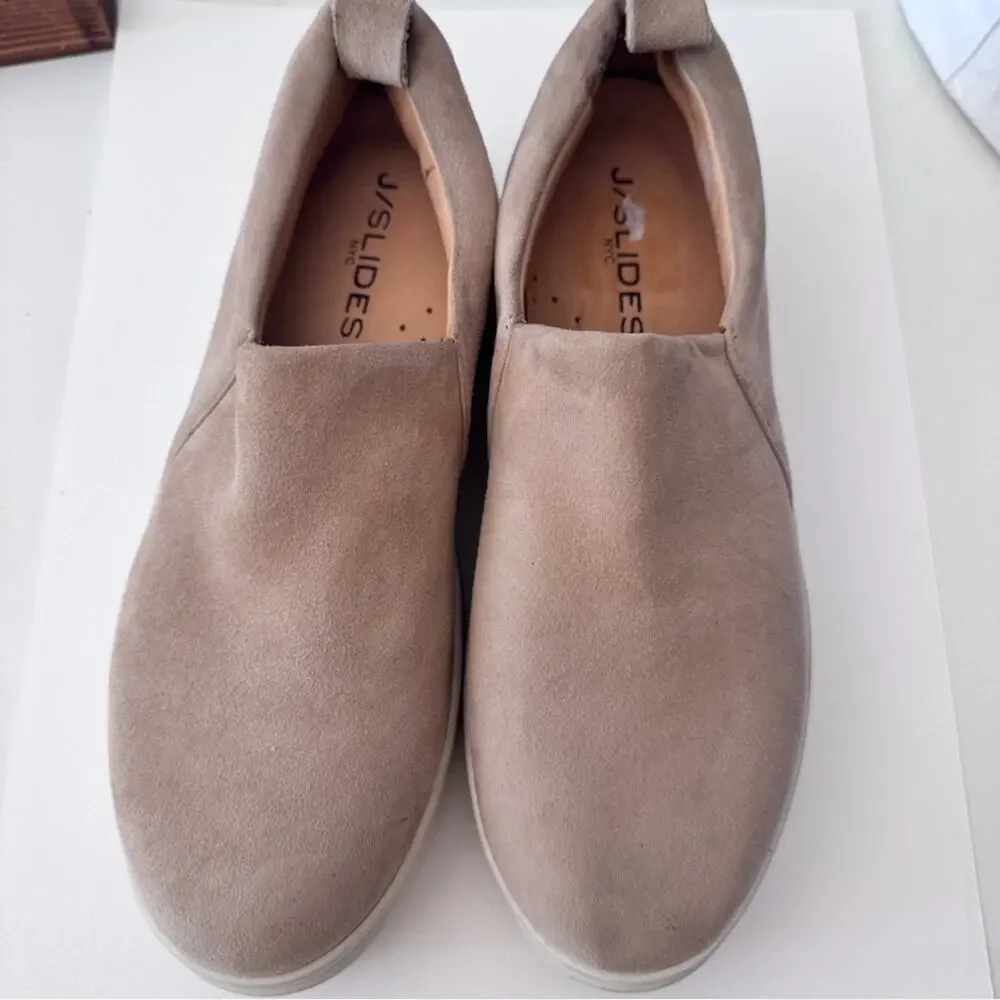 J Slides Tan Suede Leather Slip On Platform Flats Womens 7 Comfort Shoes Classic